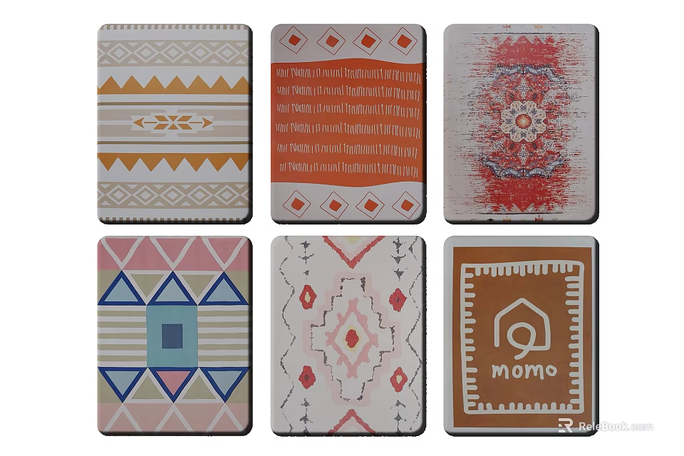 Decorative Coasters With Geometric Patterns Floral Designs And Momo Logo 3d model 