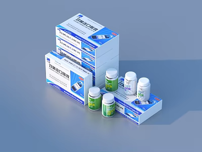 Stacked Blue White Anti Cold Granules Packaging Boxes And Green White Medicine Bottles 3d model