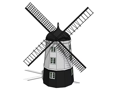 Traditional Windmill Architectural Components With Wooden Blades Cylindrical Tower And Small Windows 3d model
