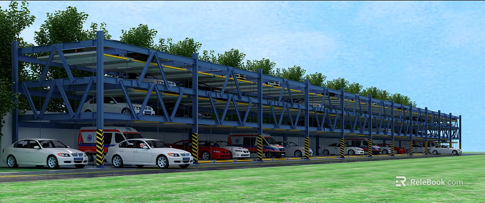 Multilevel Parking Lot With Blue Structure Various Colored Cars Green Trees And Grassland 3d model 