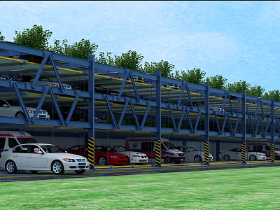 Multilevel Parking Lot With Blue Structure Various Colored Cars Green Trees And Grassland 3d model