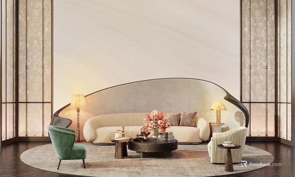 Elegant Modern Sofa Coffee Table Combination With Decorative Flowers Accent Chairs And Floor Lamps 3d model 