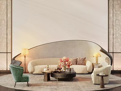 Elegant Modern Sofa Coffee Table Combination With Decorative Flowers Accent Chairs And Floor Lamps 3d model