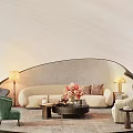 Elegant Modern Sofa Coffee Table Combination With Decorative Flowers Accent Chairs And Floor Lamps