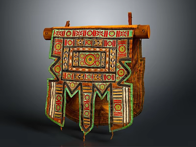 Traditional Decorative Hanging Tapestry With Wooden Frame And Colorful Geometric Patterns 3d model