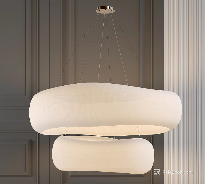 Double Layer White Circular Shade Chandelier Hanging Over Dark Panel Wall With Vertical Stripes 3d model