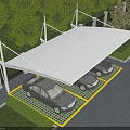 Modern White Carport Canopy Structure Covering Multiple Cars In Outdoor Parking Area With Green Trees