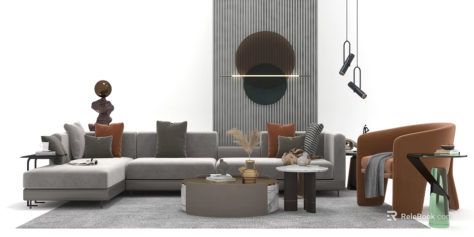 Gray Sectional Sofa and Coffee Table Set with Round Table Decorative Pillows and Area Rug 3d model