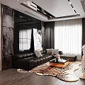 Modern Living Dining Room Interior Design With Black Sofa Wooden Flooring And Decorations