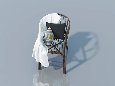 Wicker Chair With White Blanket And Pillows Featuring Reflection On Light Blue Background 3d model