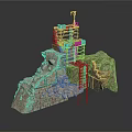 Ancient Ruins Construction Scene With Stone Rocks Scaffolding Tower And Frame