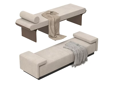 Two Beige Upholstered Stools With Wooden Legs And Soft Throw Blanket 3d model