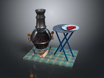 Black Stove With Green Plaid Mat Brown Gloves Blue Table White Plate And Red Food 3d model