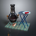 Black Stove With Green Plaid Mat Brown Gloves Blue Table White Plate And Red Food