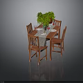 Wooden Dining Table With Four Chairs Green Plant Red Wine Glasses Tableware And Tablecloth