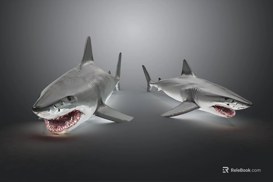 Realistic Gray Aquatic Animals Sharks With Open Mouths And Sharp Teeth 3d model