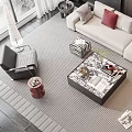 Modern Living Room Sofa and Coffee Table Set with Red Pillows Gray Rug and Art