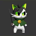 Adorable Gray Cartoon Cat Character With Green Ears Yellow Eyes Green Cape and Stick