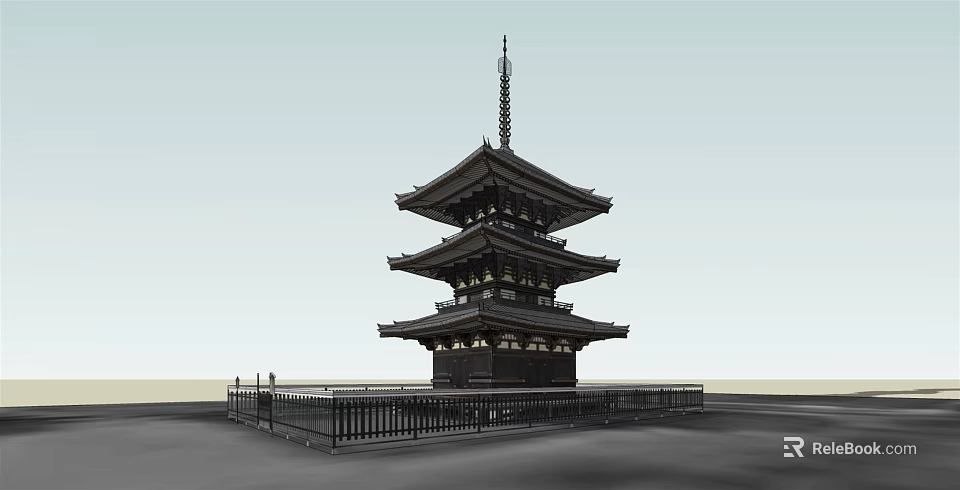 Traditional Multi tiered Pagoda With Elegant Eaves Golden Decorations And Black Fence 3d model 