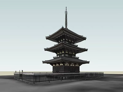 Traditional Multi tiered Pagoda With Elegant Eaves Golden Decorations And Black Fence 3d model