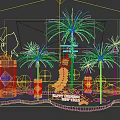 Chinese New Year Art Installation Featuring Cartoon Monkey Golden Cudgel Red Fireworks and Ruyi Pillars