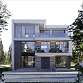 Modern Detached Villa Exterior Design With Large Windows Balconies Black Car And Surrounding Trees