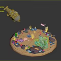 Enchanted Circular Sand Landscape with Colorful Rocks Plants Dinosaur Skull Fish and Flying Submarine