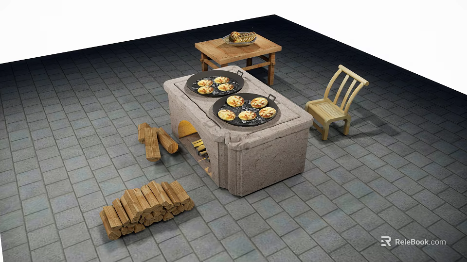 Outdoor Stone Cooking Equipment With Cast Iron Pans Firewood Table And Chair 3d model 