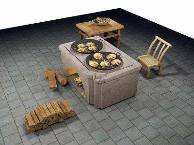 Outdoor Stone Cooking Equipment With Cast Iron Pans Firewood Table And Chair 3d model
