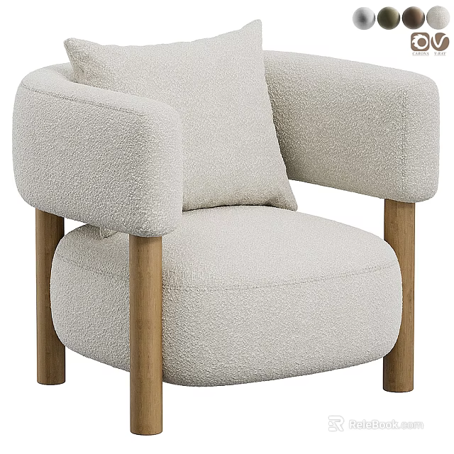 Cozy Beige Leisure Chair with Plush Fabric Cushion and Solid Wooden Legs 3d model 