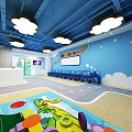 Preschool Classroom Interior Featuring Cloud Ceiling Lights Wooden Bookshelves Colorful Play Mat And Road Floor