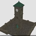 Stone Brick Clock Tower Featuring Green Roof White Clock And Surrounding Square Wall 3d model