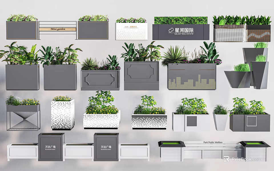 Beautiful Flower Planters With Various Green Plants And Different Decorative Designs 3d model 