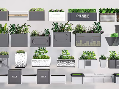 Beautiful Flower Planters With Various Green Plants And Different Decorative Designs 3d model