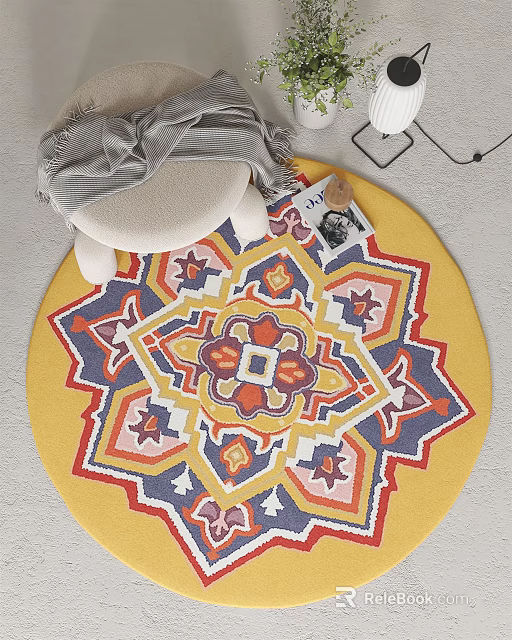 Vibrant Round Rug With Intricate Geometric Patterns In Yellow Red Blue Tones For Home Decor 3d model 
