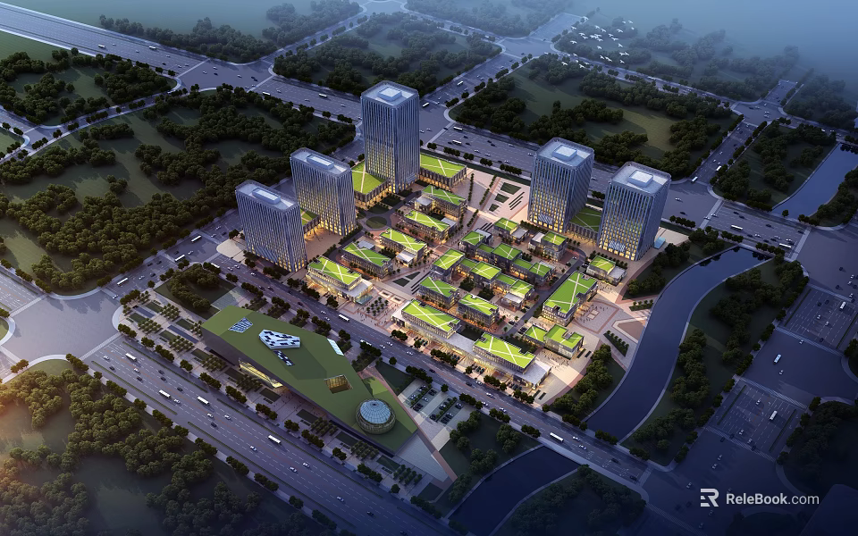 Modern Bird's Eye View Urban Planning Featuring High Rise Buildings Commercial District And Green Spaces 3d model 