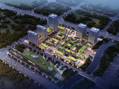 Modern Bird's Eye View Urban Planning Featuring High Rise Buildings Commercial District And Green Spaces 3d model