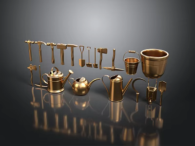 Golden Garden Tools and Containers Arranged on Black Background with Reflective Surfaces 3d model