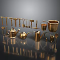 Golden Garden Tools and Containers Arranged on Black Background with Reflective Surfaces