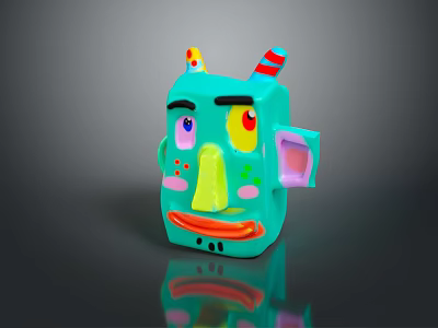 Turquoise Game And Movie Character With Large Eyes Yellow Nose Pink Ears And Decorative Horns 3d model