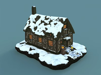 Snow Covered Cottage With Dark Exterior Lit Windows Small Steps And Snowy Ground 3d model