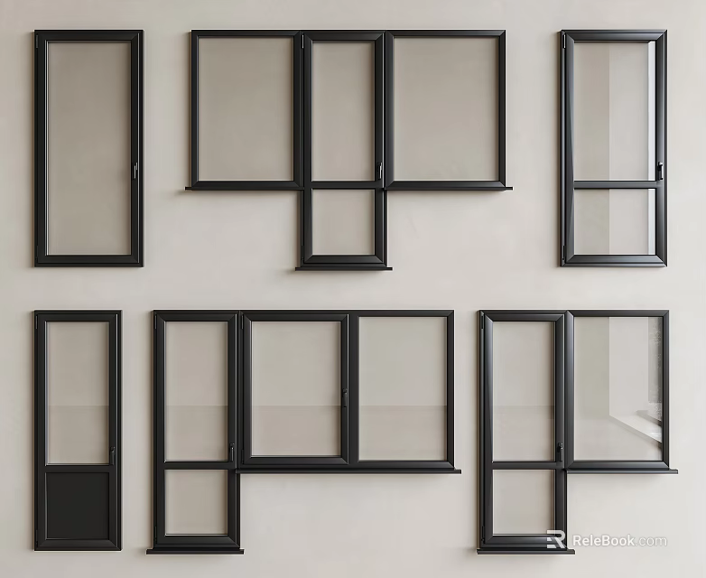 Different Window Styles With Black Frames and Glass Panels Displayed on Wall 3d model 