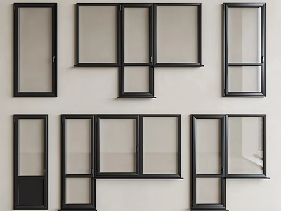 Different Window Styles With Black Frames and Glass Panels Displayed on Wall 3d model