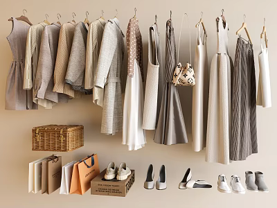 Neutral Toned Clothes Hanging on Hangers with Bags Shoes and Shopping Bags 3d model