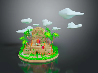 Fantasy Sandcastle Landscape with Palm Trees Green Grass and Floating Clouds 3d model