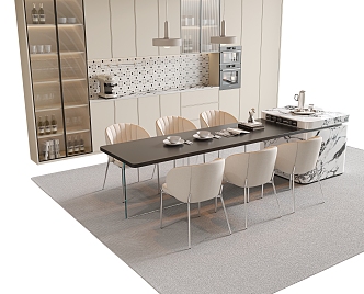 Cream Style Island Table Dining Table and Chair Combination Metal Dining Chair Fabric Dining Chair Chandelier Sideboard Glass Cabinet Carpet 3d model