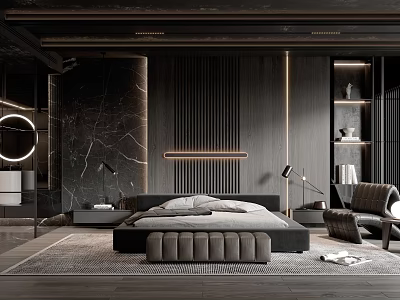 Dark Modern Bedroom Interior With Platform Bed Accent Wall Lighting Chair And Rug 3d model
