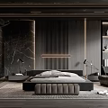 Dark Modern Bedroom Interior With Platform Bed Accent Wall Lighting Chair And Rug