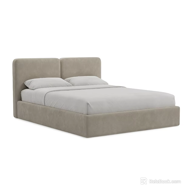 Modern Light Gray Double Bed With Upholstered Headboard And White Bedding 3d model 