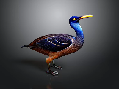 Realistic style peacock bird animal feathers blue peacock yellow bird beak brown feathers standing posture natural background bird 3d model